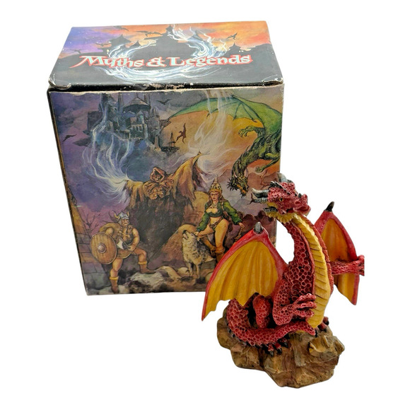 Other - Vintage 1997 Myths & Legends #4I078 Red Dragon Gripping Wing Figurine w/ Box